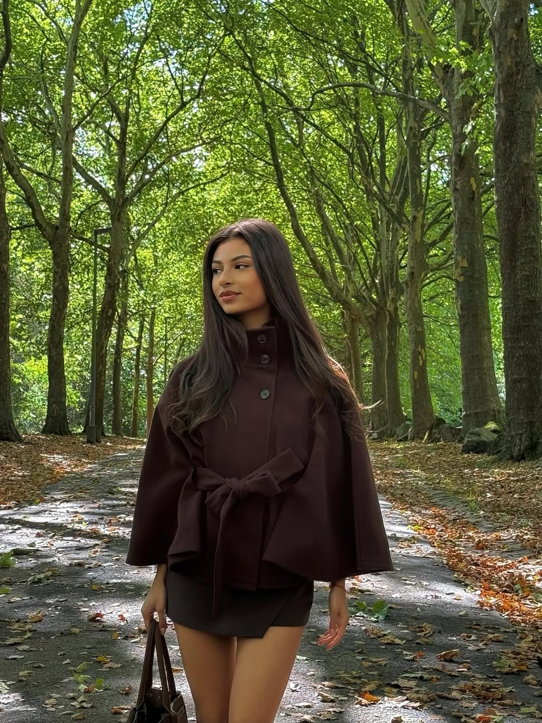 Elegant High-Neck Belted Cape Jacket brown image 1 