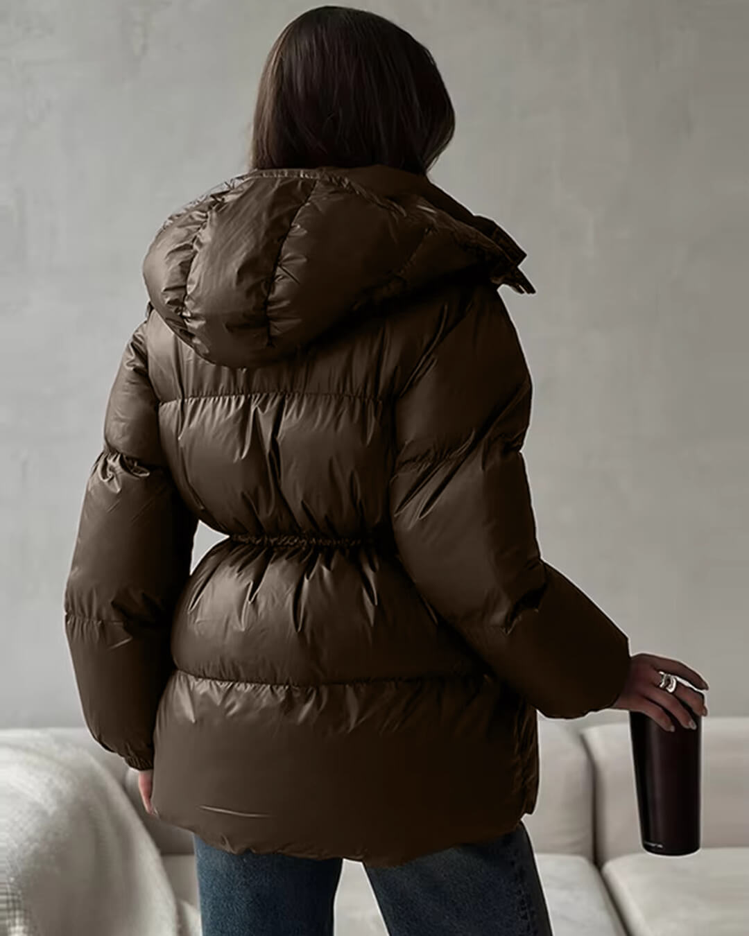 Drawstring Hooded Puffer Coat brown image 4 