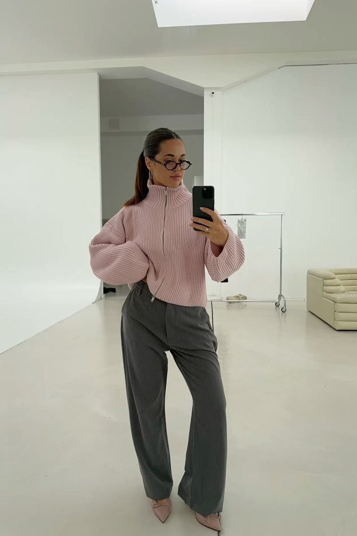 Oversized Ribbed Zip-Up Sweater pink image 2 