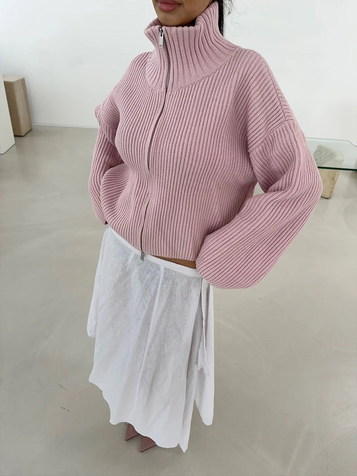 Oversized Ribbed Zip-Up Sweater pink image 4 