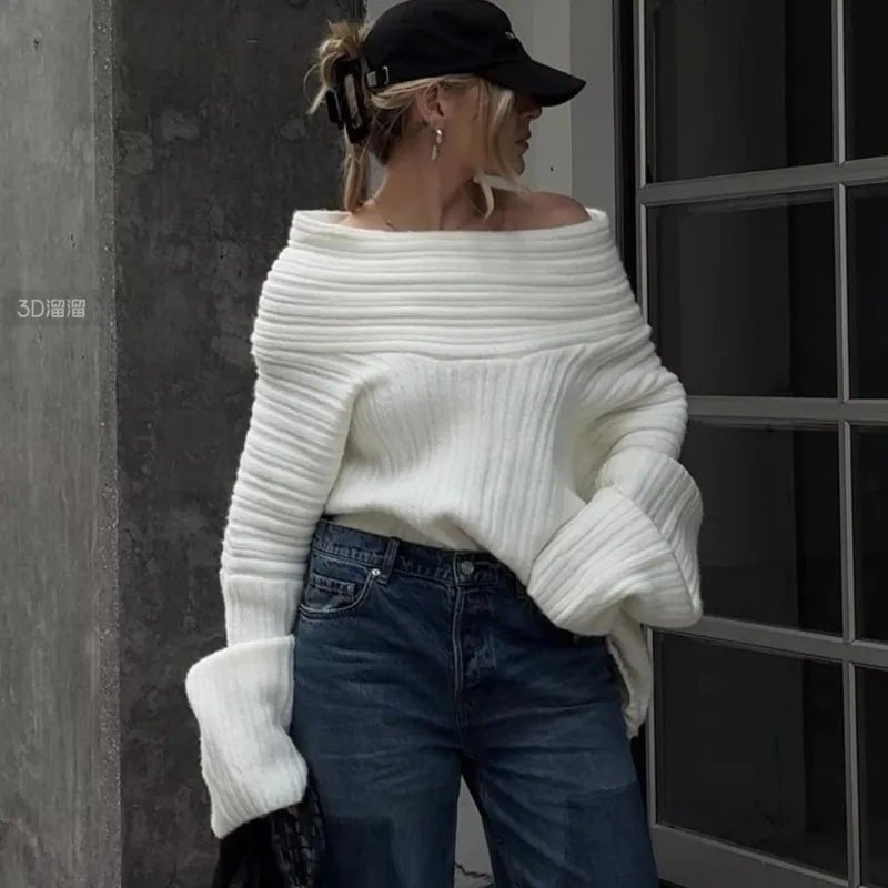 Off-Shoulder Knit Sweater gray image 1 