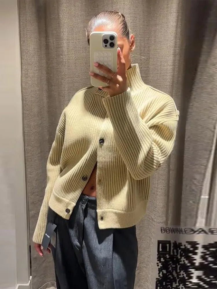 Stand Collar Knitted Cardigan beige image 4 
