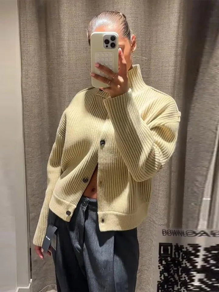 Stand Collar Knitted Cardigan beige image 4 