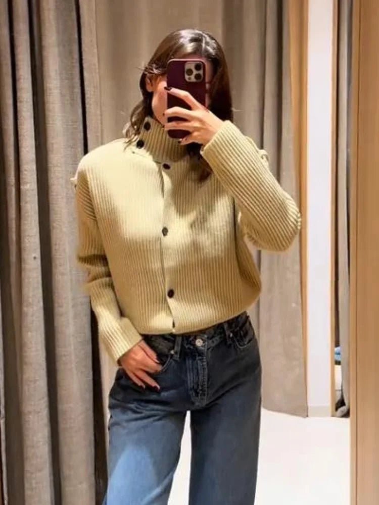 Stand Collar Knitted Cardigan beige image 6 