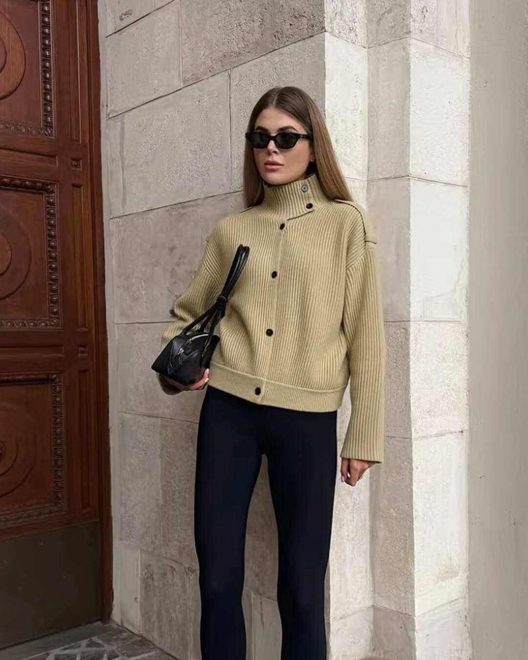 Stand Collar Knitted Cardigan beige image 1 