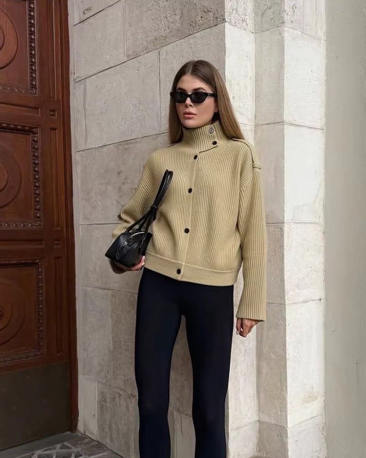 Stand Collar Knitted Cardigan beige image 1 