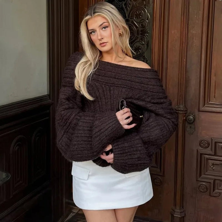 Off-Shoulder Knit Sweater chocolate image 1 