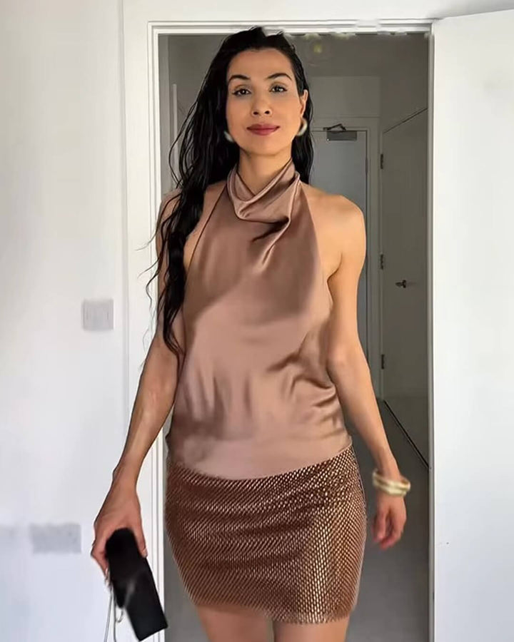 Halter Backless Satin Top camel image 2 