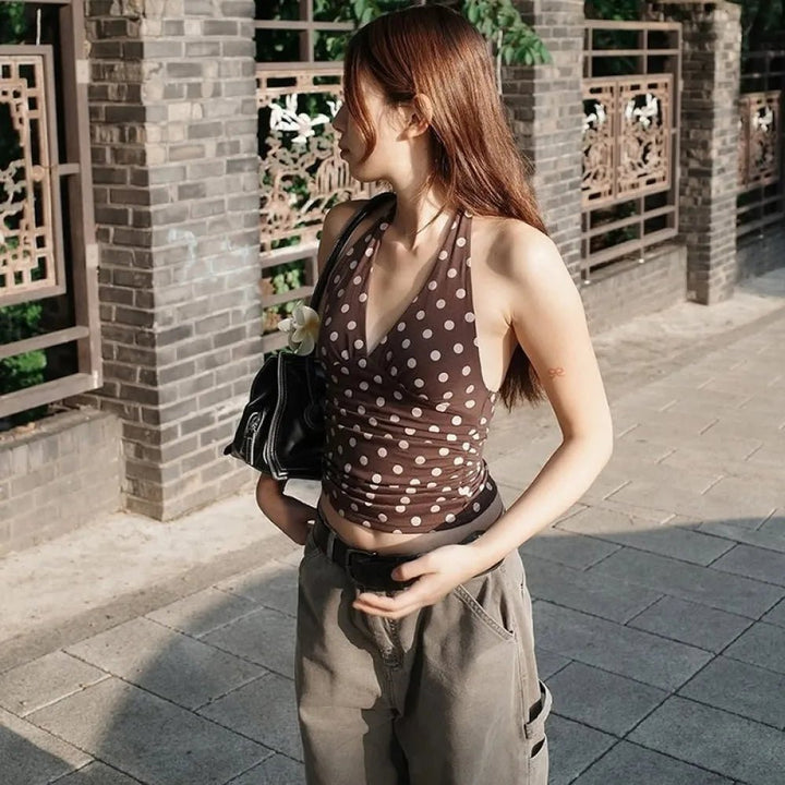 Polka Dot Off-Shoulder Tank Top brown image 4 