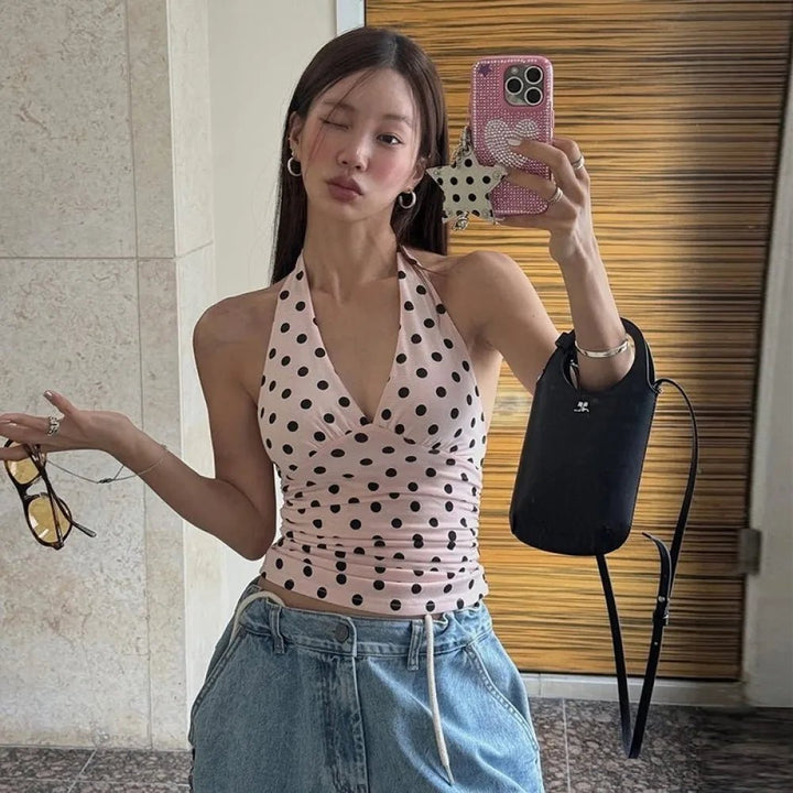 Polka Dot Off-Shoulder Tank Top brown image 3 