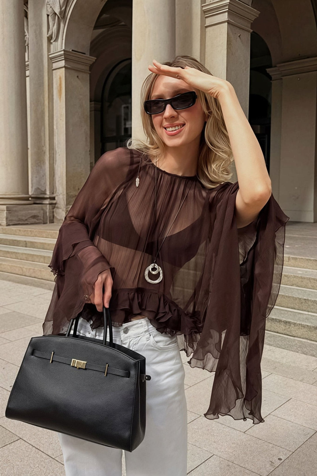 Ruffled Bell Sleeves Chiffon Blouse