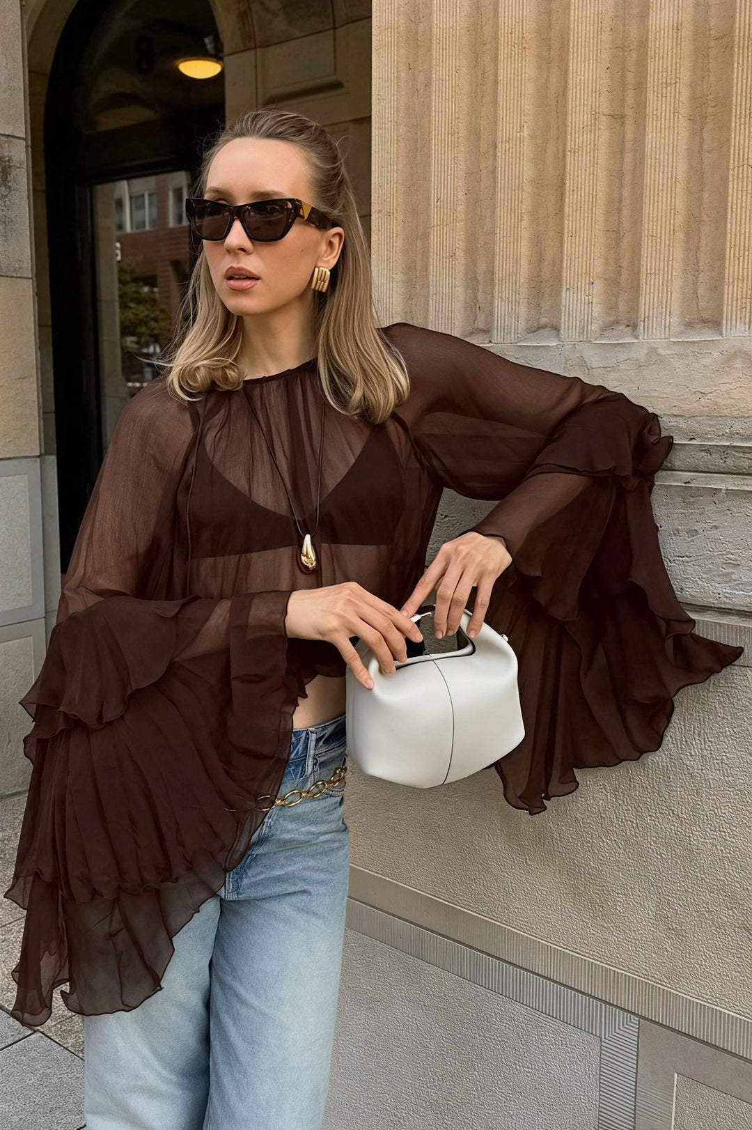 Ruffled Bell Sleeves Chiffon Blouse