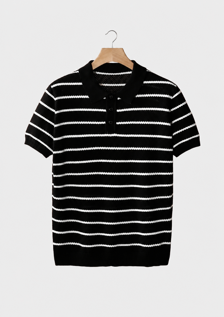 Striped Textured Button Polo black image 1 #color_black