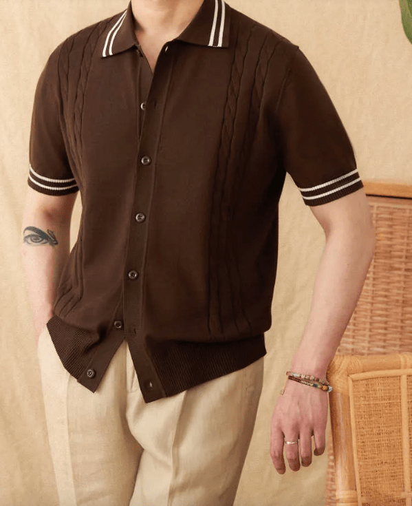 STRIPED TRIM BUTTON-THROUGH KNITTED POLO