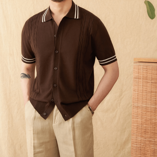 STRIPED TRIM BUTTON-THROUGH KNITTED POLO