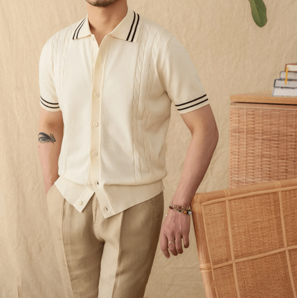 STRIPED TRIM BUTTON-THROUGH KNITTED POLO