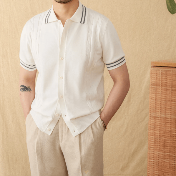 STRIPED TRIM BUTTON-THROUGH KNITTED POLO