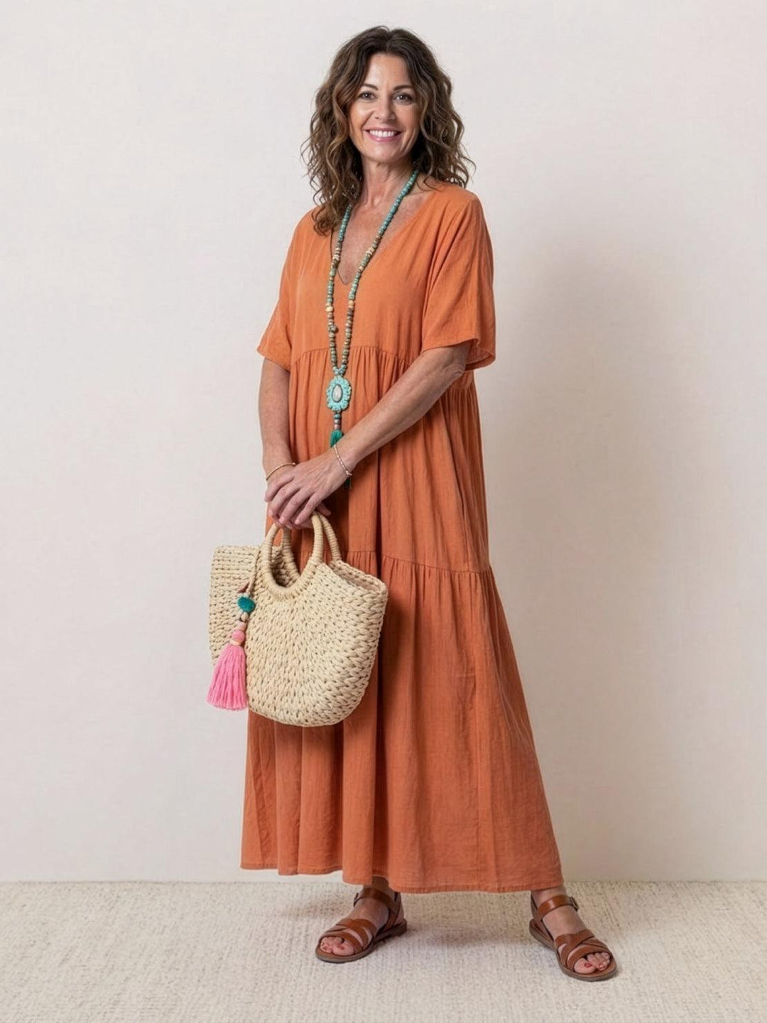V-neck Two-Tiered Maxi Swing Dress