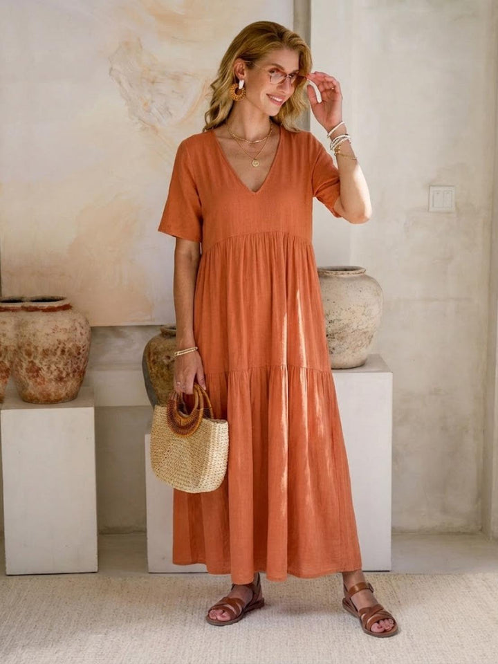 V-neck Two-Tiered Maxi Swing Dress