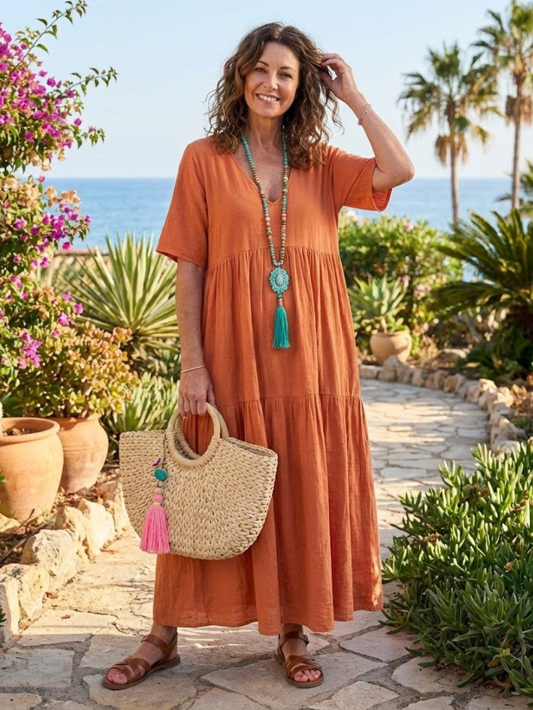 V-neck Two-Tiered Maxi Swing Dress