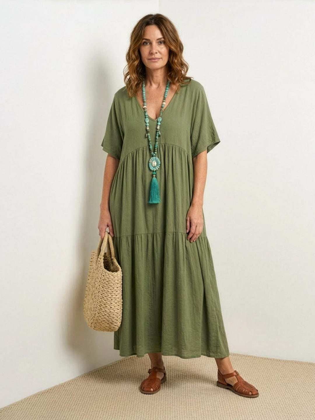 V-neck Two-Tiered Maxi Swing Dress