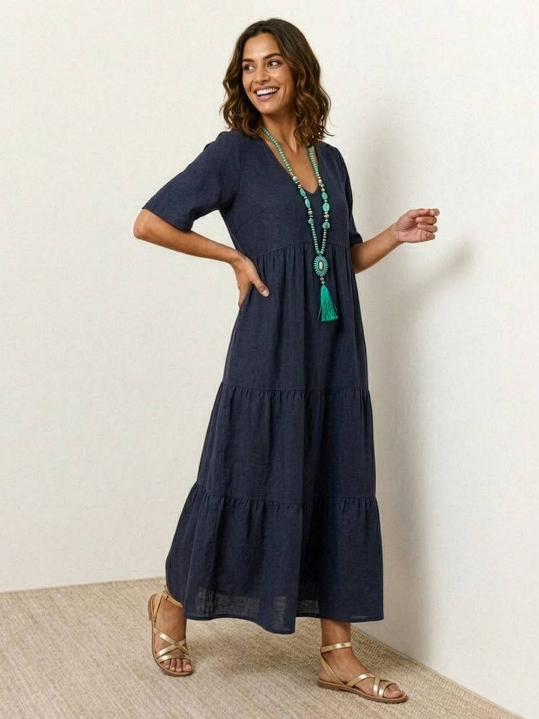 V-neck Two-Tiered Maxi Swing Dress