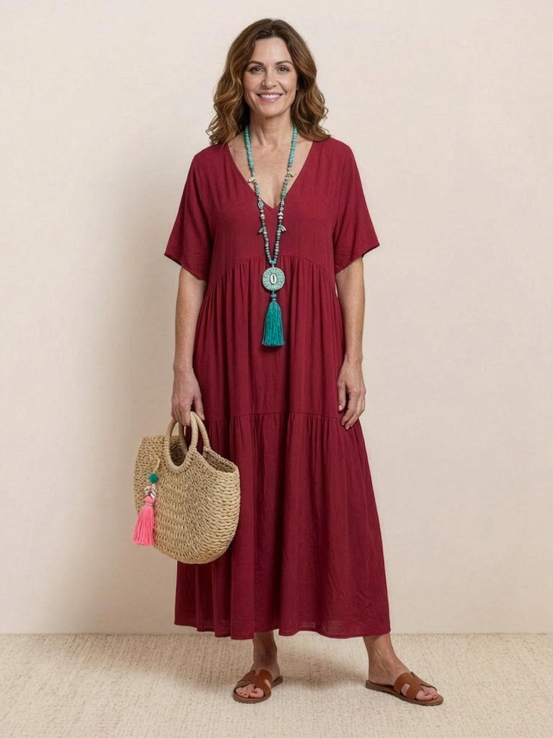 V-neck Two-Tiered Maxi Swing Dress