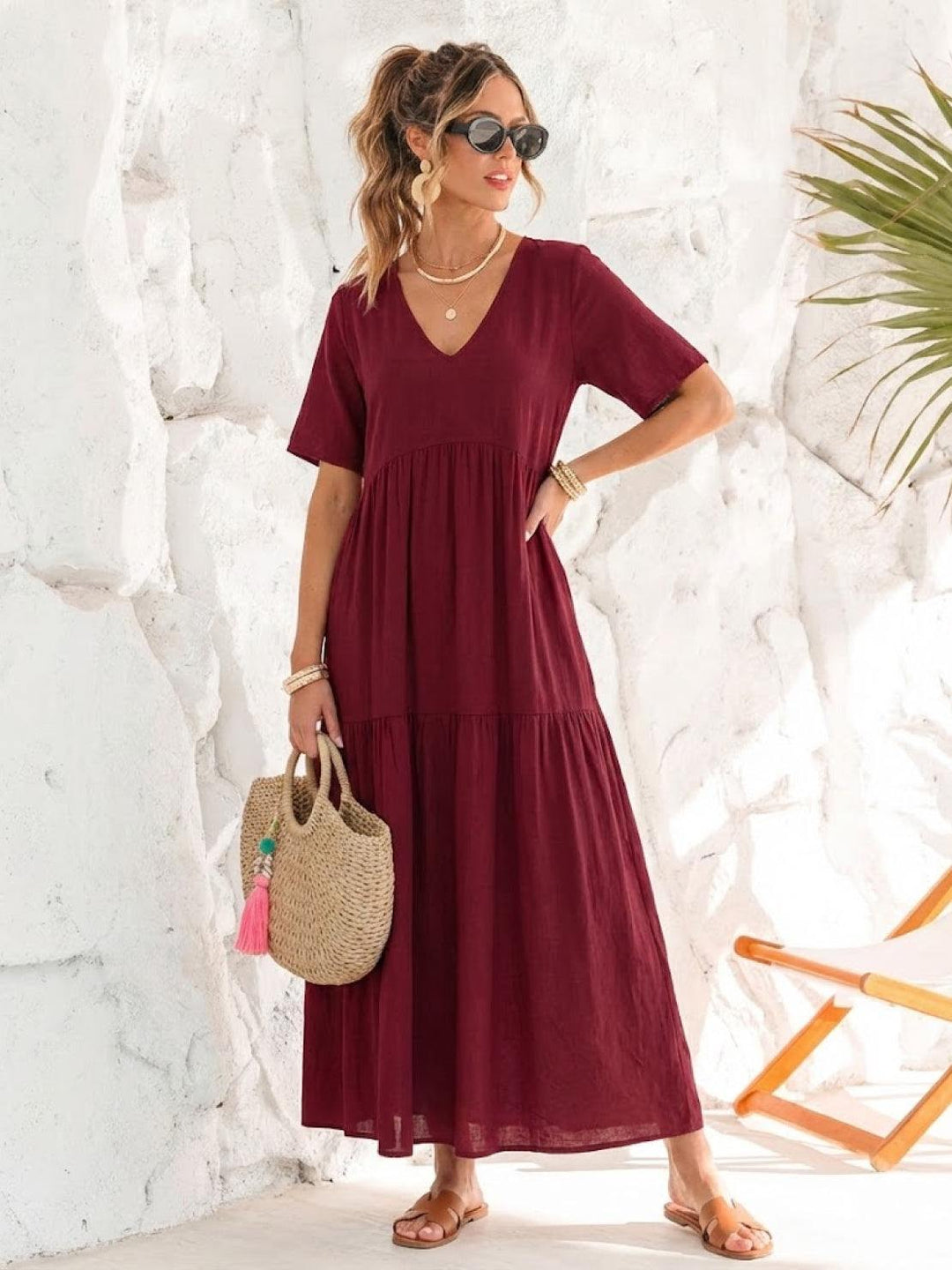 V-neck Two-Tiered Maxi Swing Dress
