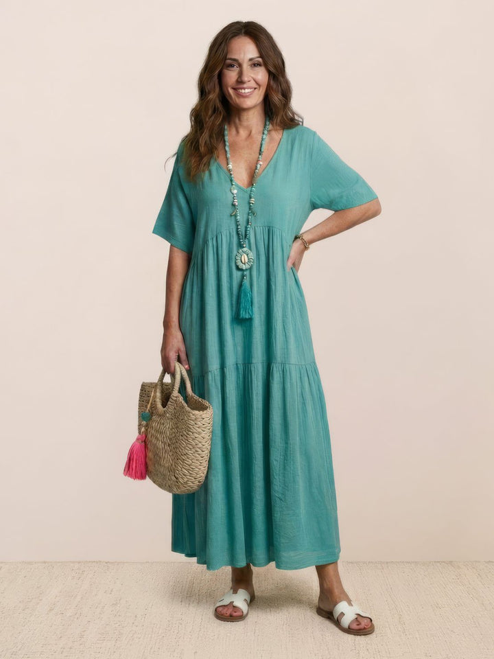 V-neck Two-Tiered Maxi Swing Dress