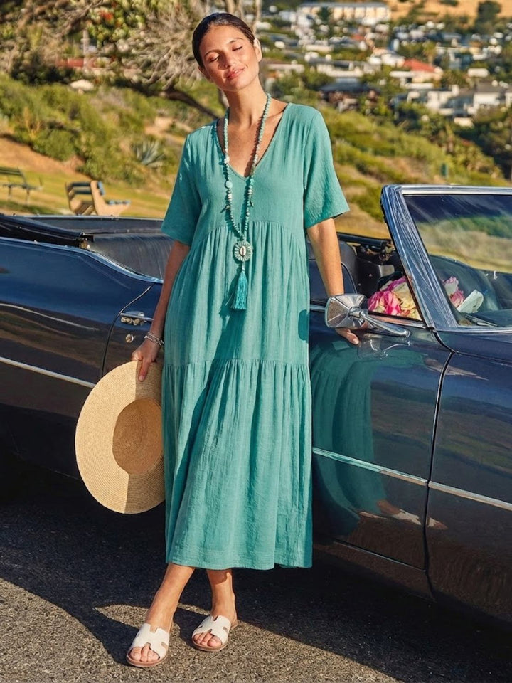 V-neck Two-Tiered Maxi Swing Dress