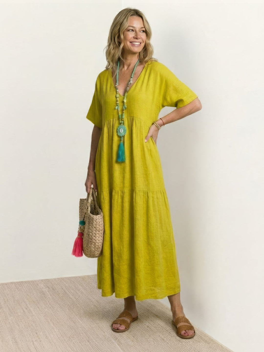 V-neck Two-Tiered Maxi Swing Dress
