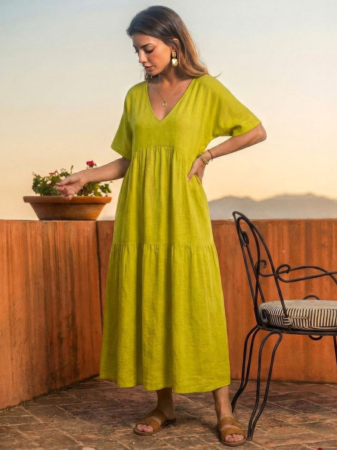 V-neck Two-Tiered Maxi Swing Dress