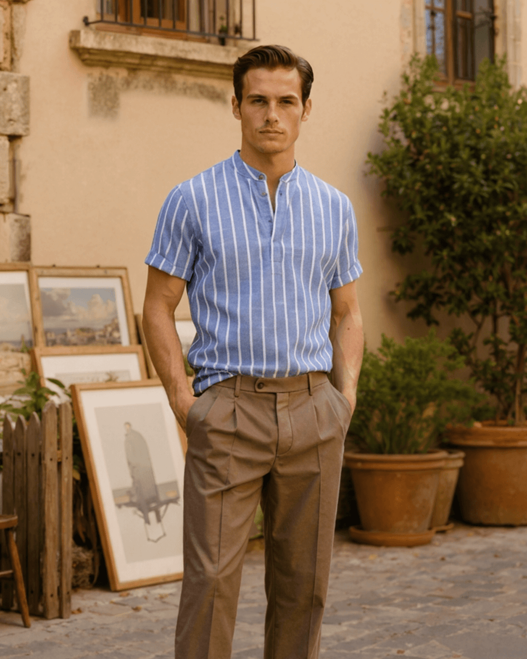 VERTICAL PINSTRIPE GRANDAD COLLAR SHIRT