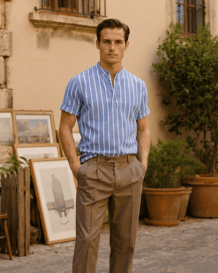 VERTICAL PINSTRIPE GRANDAD COLLAR SHIRT