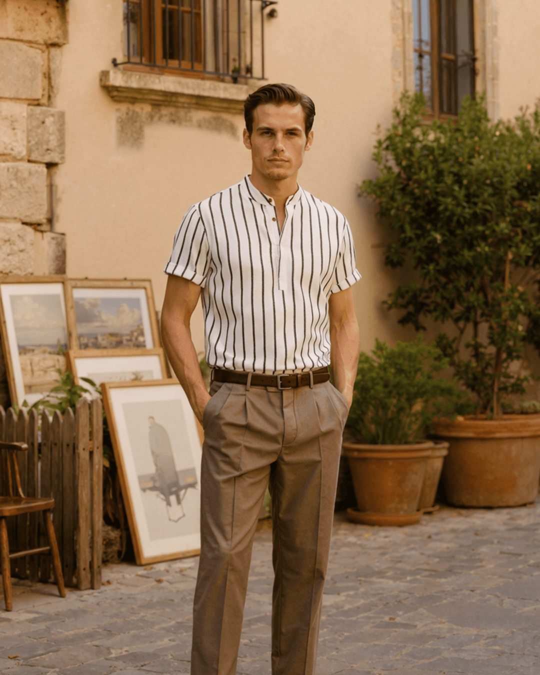 VERTICAL PINSTRIPE GRANDAD COLLAR SHIRT