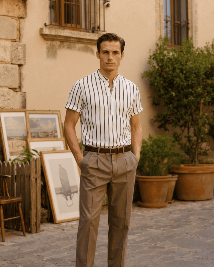 VERTICAL PINSTRIPE GRANDAD COLLAR SHIRT
