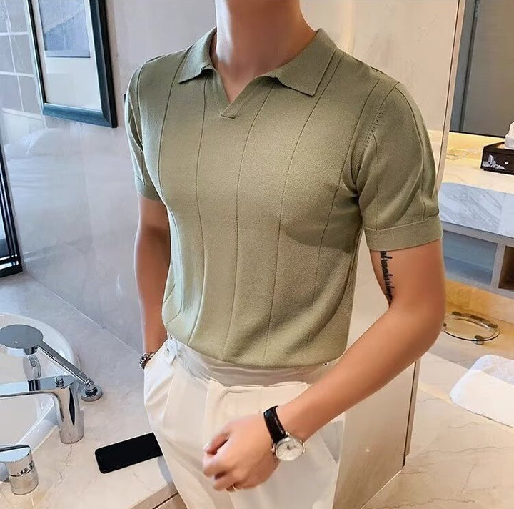 VERTICAL RIBBED V-NECK KNIT POLO
