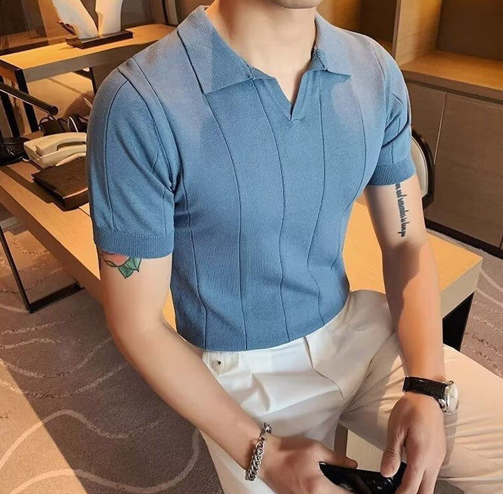 VERTICAL RIBBED V-NECK KNIT POLO