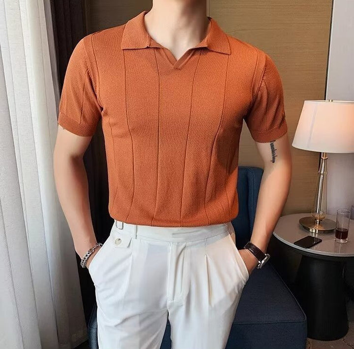 VERTICAL RIBBED V-NECK KNIT POLO