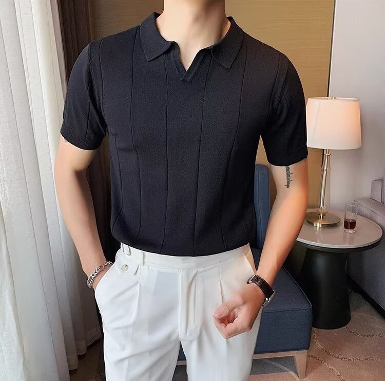 VERTICAL RIBBED V-NECK KNIT POLO