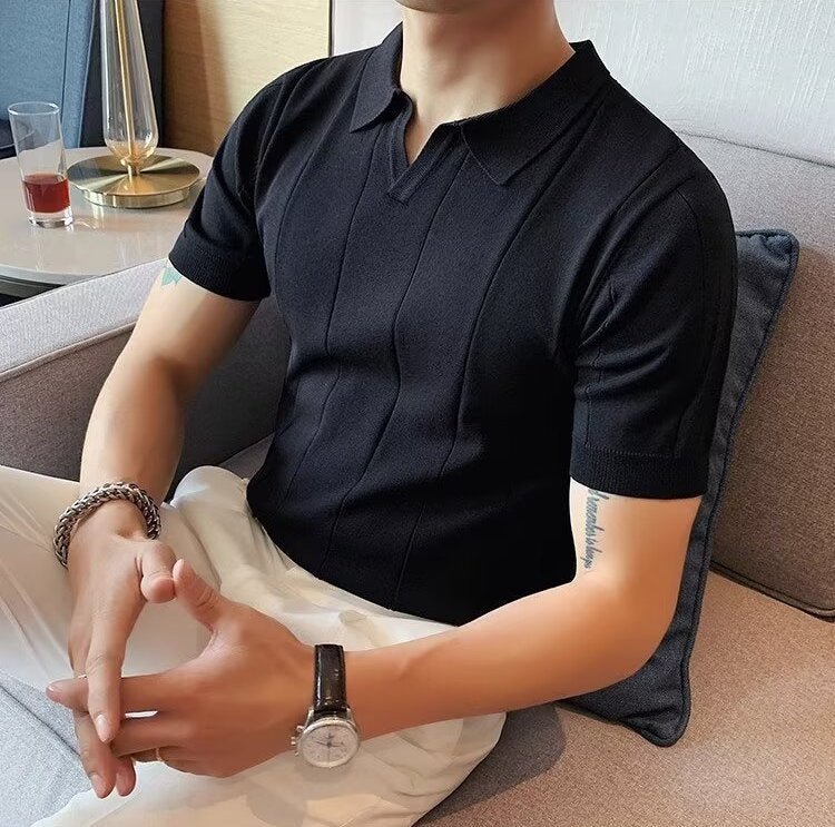 VERTICAL RIBBED V-NECK KNIT POLO