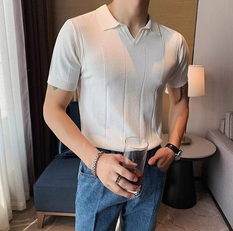 VERTICAL RIBBED V-NECK KNIT POLO