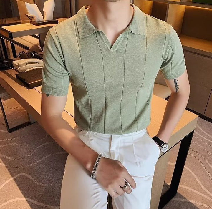 VERTICAL RIBBED V-NECK KNIT POLO