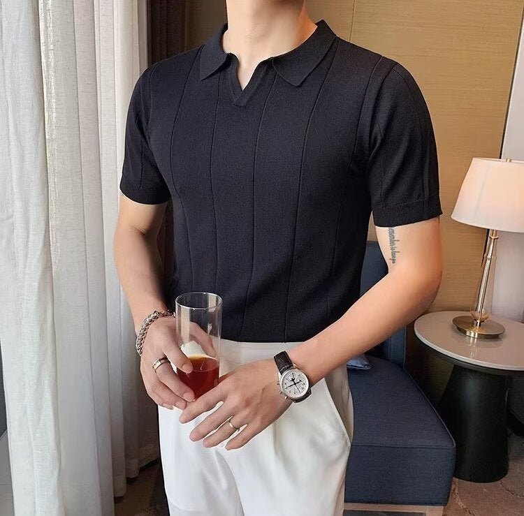 VERTICAL RIBBED V-NECK KNIT POLO