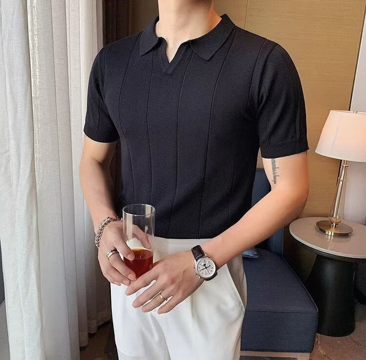 VERTICAL RIBBED V-NECK KNIT POLO